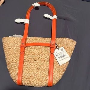 Zara Jute Midi Tote Bag orange straps, NWT
